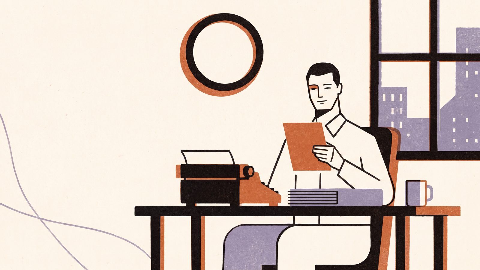 A man at a desk with a typewriter and a stack of medical records folders holds a single denial letter