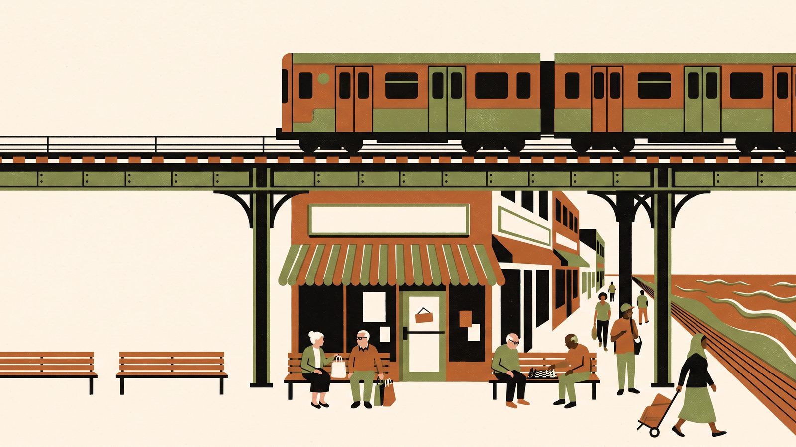 Brighton Beach under the elevated subway: a pharmacy storefront with a striped awning, older people on benches with shopping bags and a chess board, the boardwalk and sea at the end of the street