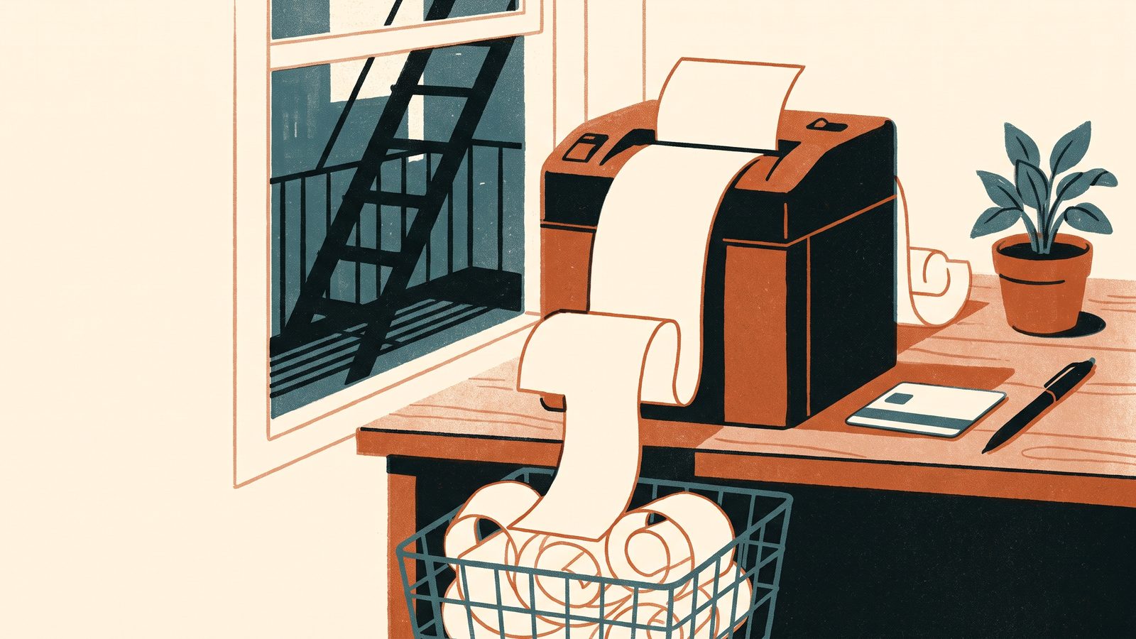 A desk with a paper report, a basket, a blank plastic card and a pen in morning light