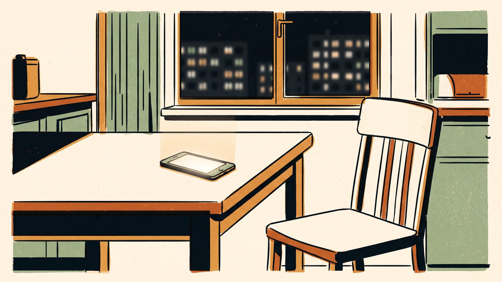 A night kitchen: a single phone lying face up and glowing softly on the table, an empty chair pulled back, distant apartment lights in the window