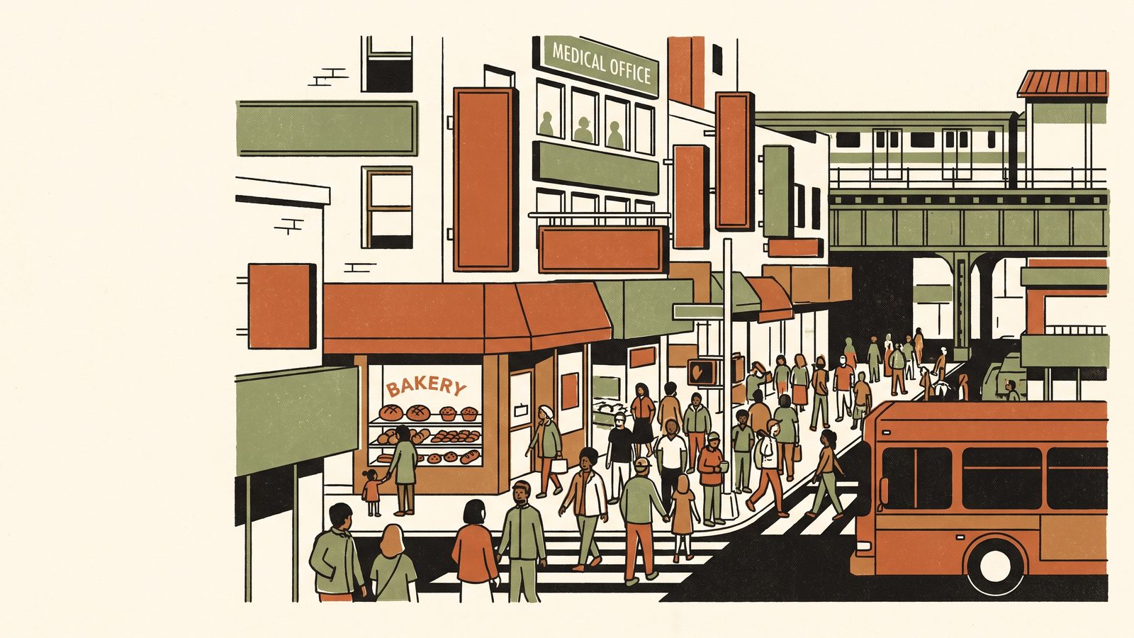 A dense commercial street in Flushing with stacked blank sign boards on the facades, a bakery window, medical offices upstairs, a crowded crosswalk and a railroad overpass