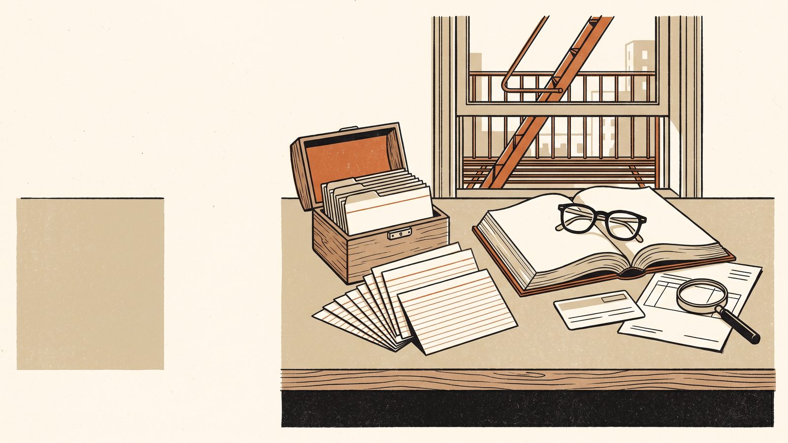 A desk with an open index-card box, blank cards fanned out, an open reference book, reading glasses and a hospital bill under a magnifying glass