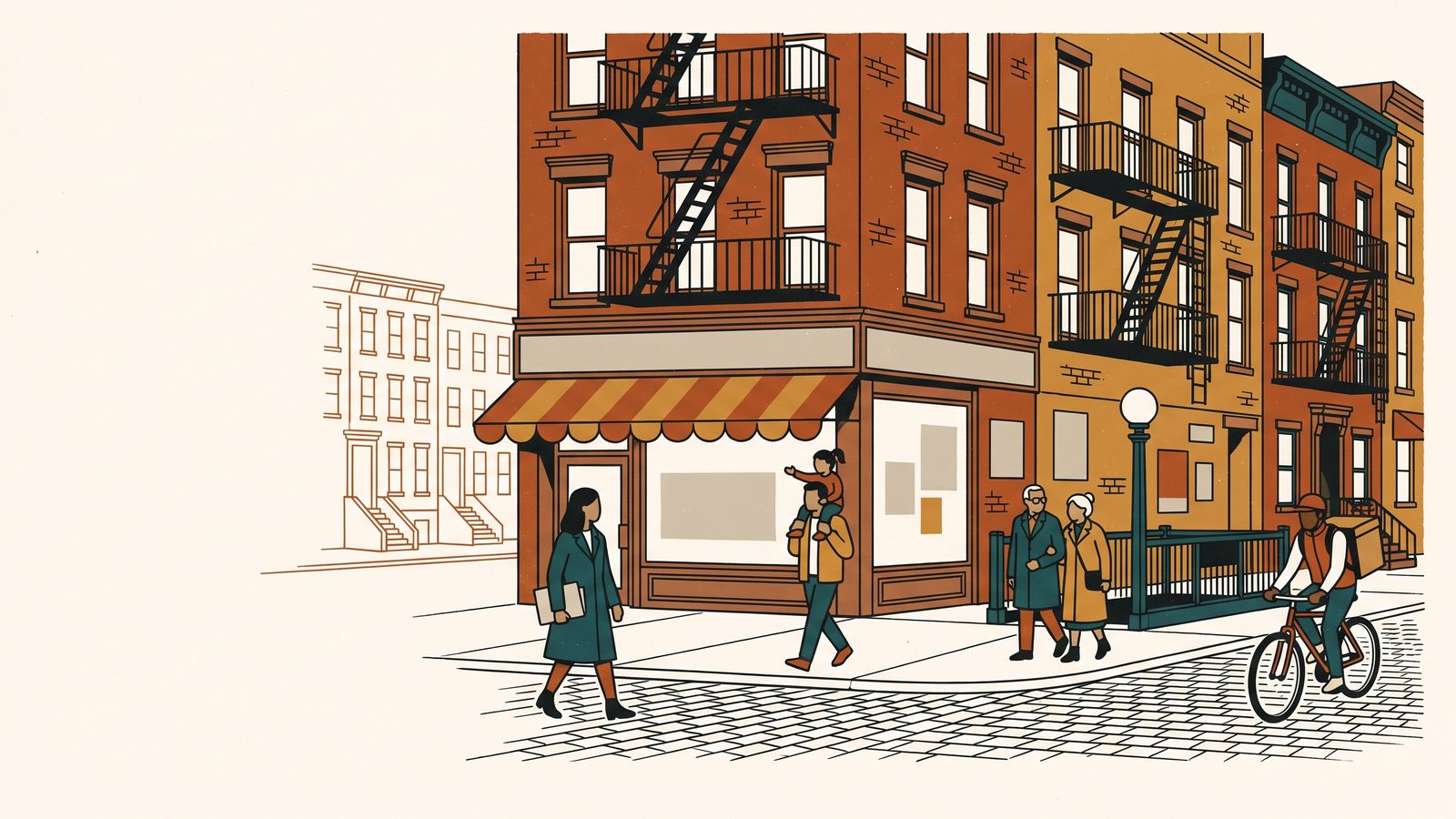 A New York block in the morning: brick walk-ups with fire escapes, a small neighborhood clinic under a striped awning, and neighbors walking with papers in hand