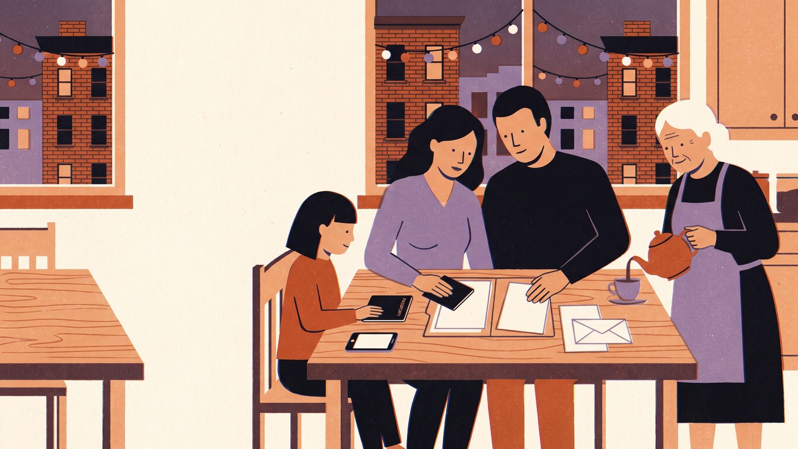 A family of four at a kitchen table in the evening sorting documents into a folder while a grandmother pours tea