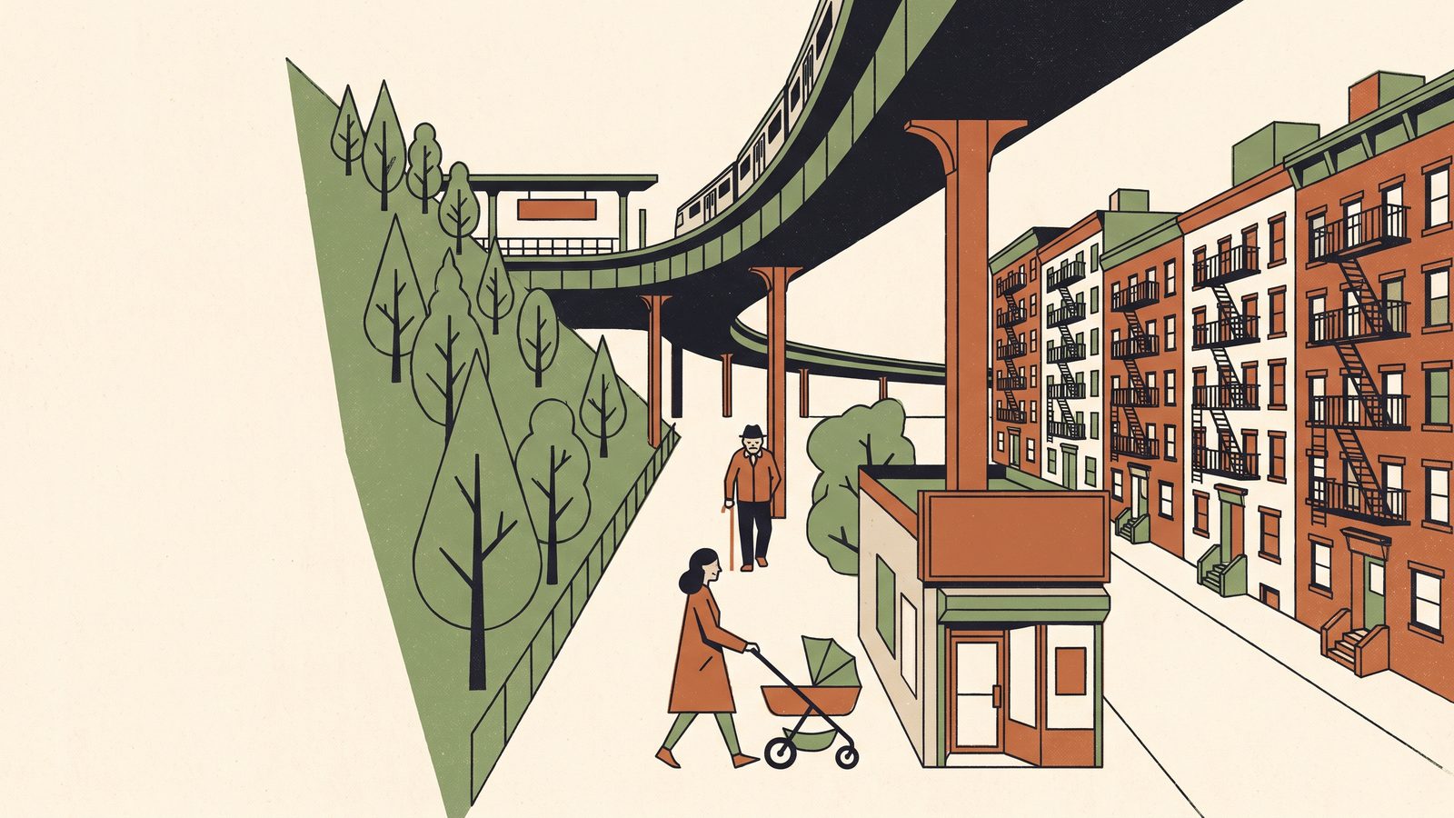 Inwood at the top of Manhattan: a tree-covered park hill, brick apartment buildings with fire escapes, an elevated subway viaduct and a small clinic storefront at the corner