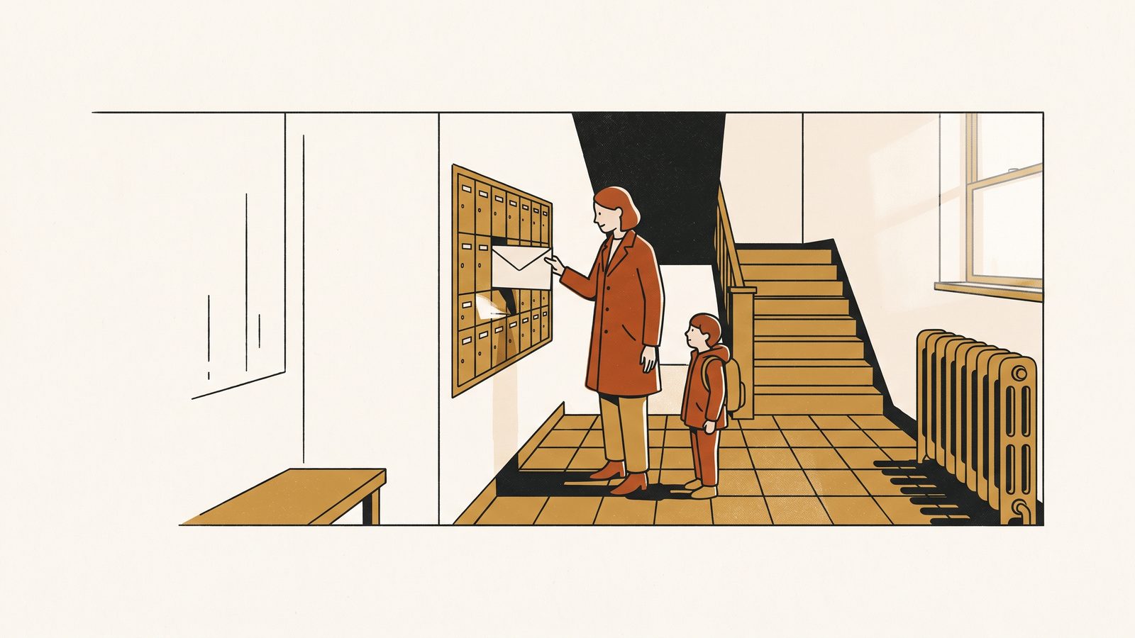 A woman in the mailbox hall of a New York walk-up pulls a large envelope from her mailbox while a child waits beside her