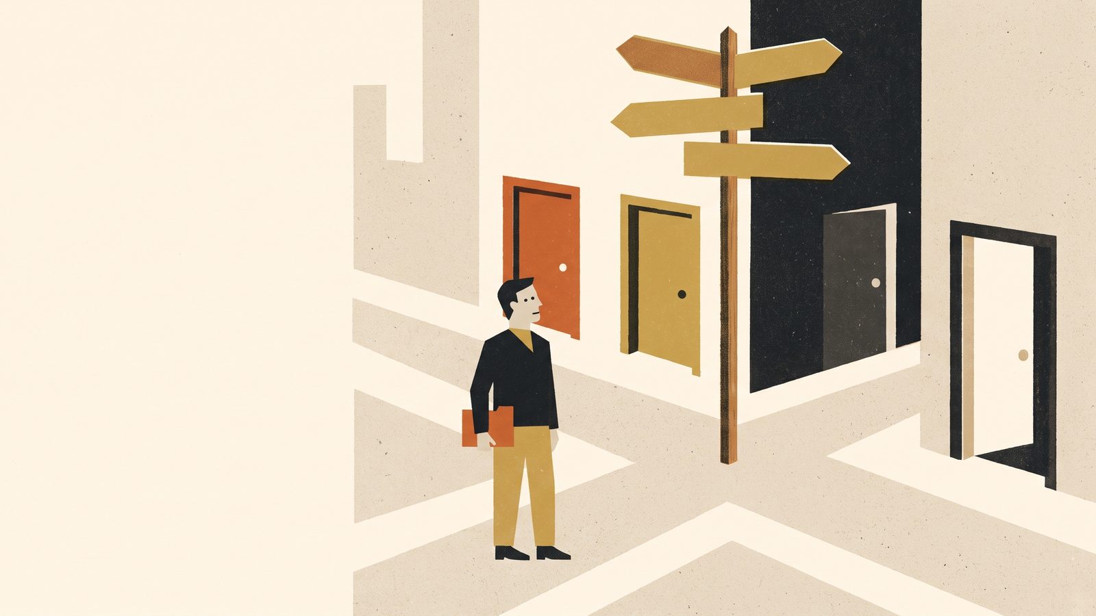 A person with a folder stands at a crossroads where five sidewalks lead to differently colored doorways, looking up at a signpost with blank arrows
