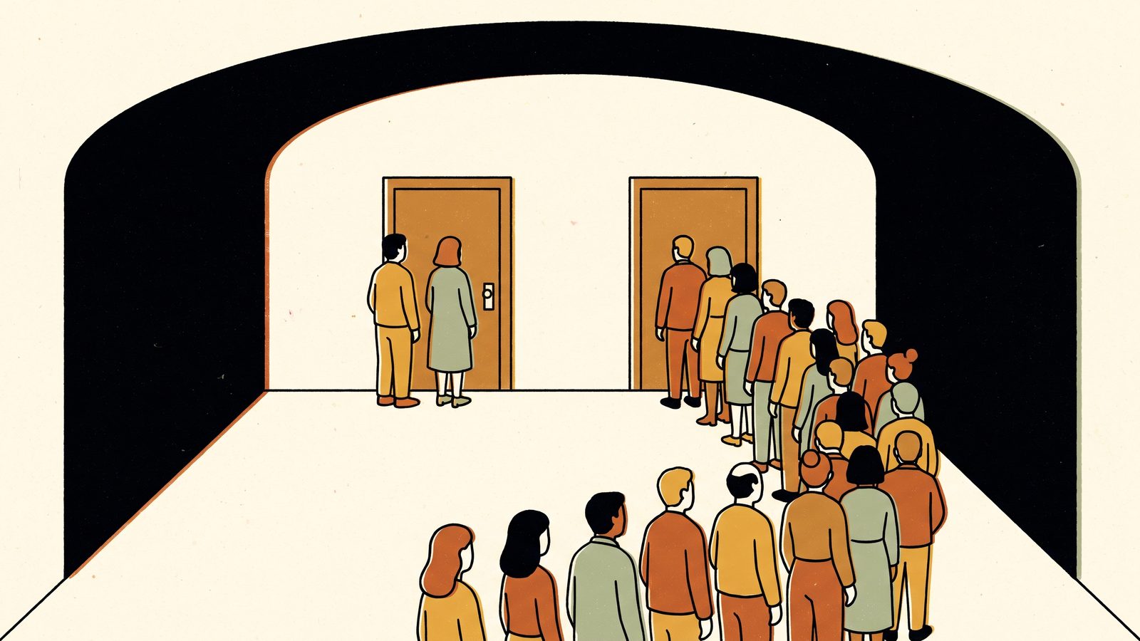A corridor with two identical doors: a short line of two people waits at one, and a long line stretches back from the other toward the viewer