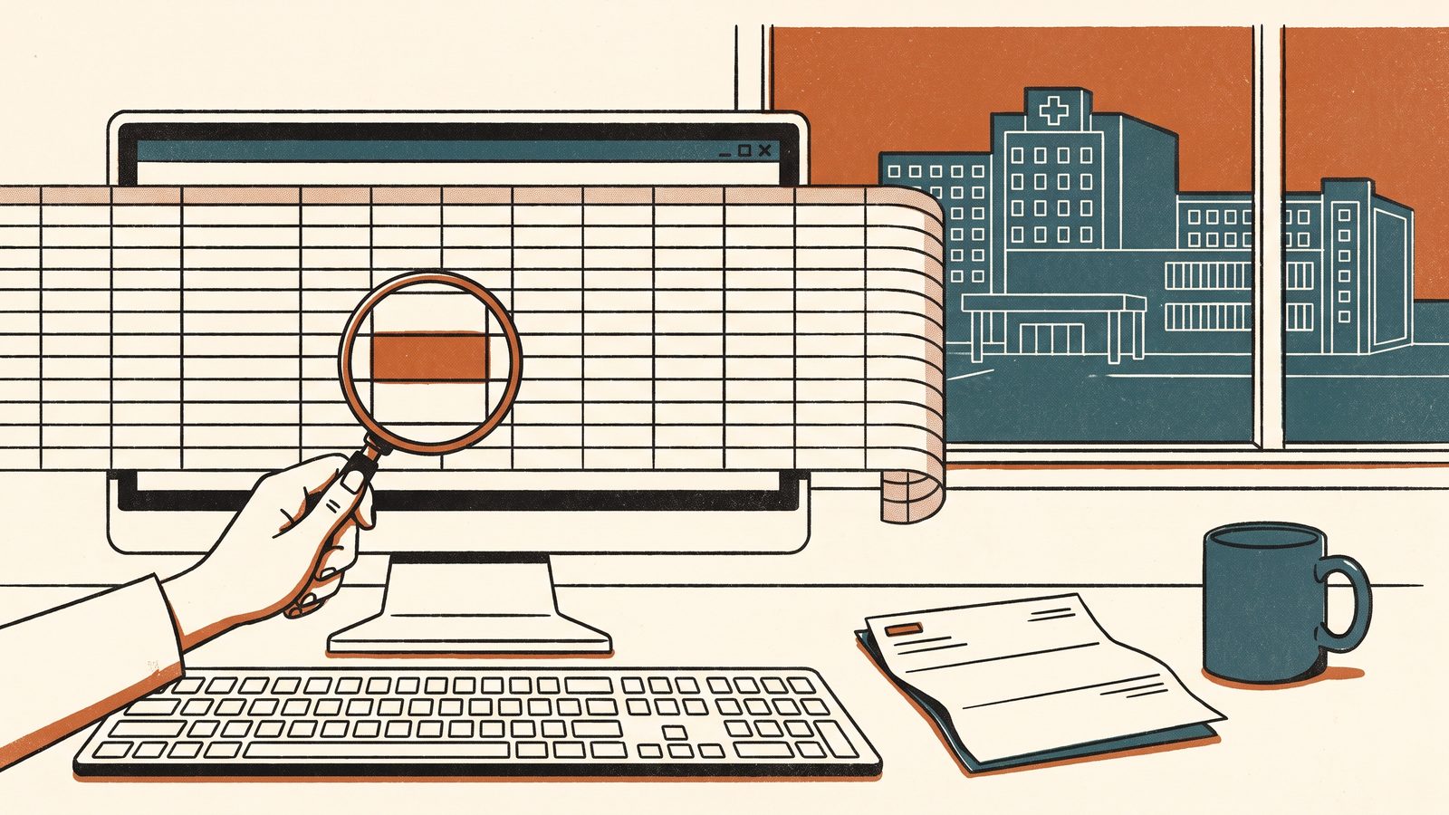 A computer screen showing an enormous spreadsheet of blank cells with a magnifying glass over one highlighted cell, a printed hospital bill beside the keyboard and a hospital silhouette outside the window