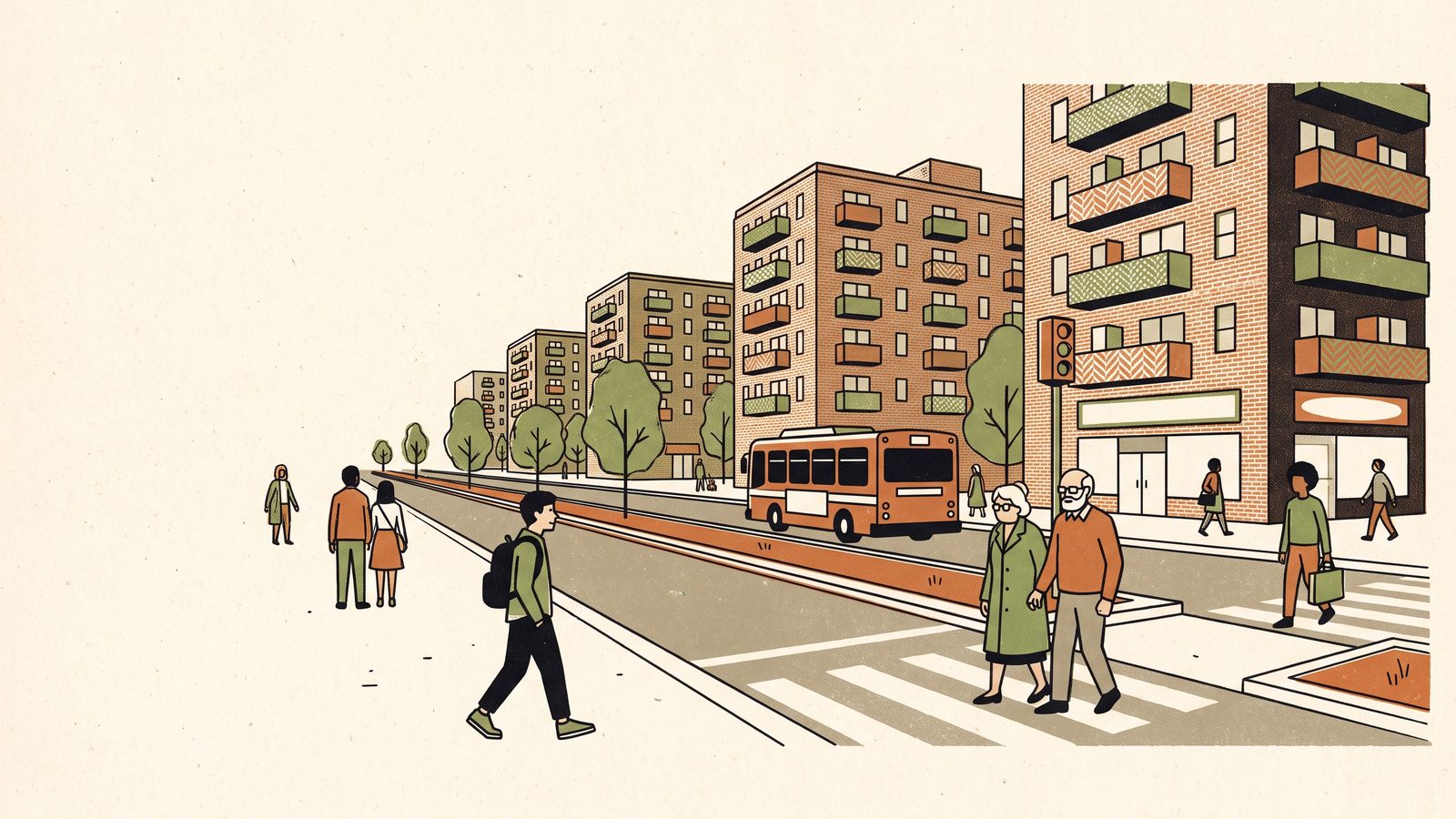 A wide boulevard in Rego Park with mid-rise brick apartment towers, a bus, a ground-floor medical office with a blank sign and an older couple at a crosswalk